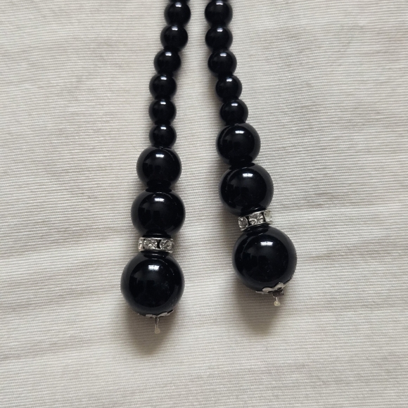 Vintage Lariat Style Black Beaded Necklace With CZ Accent Beads 50" - Picture 2 of 4